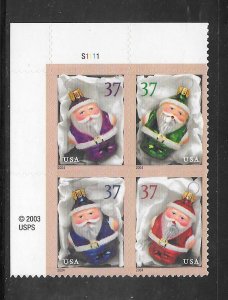 #3883-86 MNH Santa Ornaments Plate Block