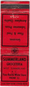 Canada Revenue 1/5¢ Excise Tax Matchbook SUMMERLAND GROCETERIA West Summerland