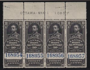 Canada VD #FWM64 (1930) 30c King George V Weights & Measures Plate Block VF NH 