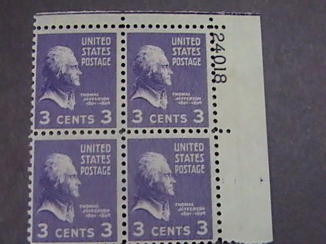 U.S.# 807-MINT/NEVER HINGED---UR- PLATE # BLOCK 4-PREXIE SERIES-1938(#a)