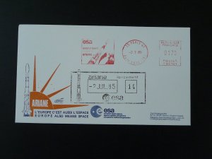 space cover with slogan meter Ariane V14 launch France 1985