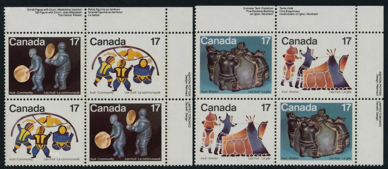 Canada 836a,8ai TR Plate Blocks MNH Inuit Art, Shelter & Community