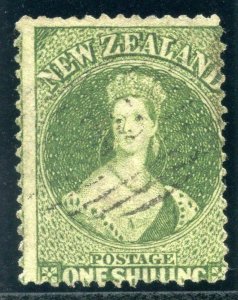 New Zealand 1862 QV 1s yellow-green very fine used. SG 80. Sc 20.