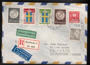 SWEDEN Scott # 466-7, 477-8, 456 & 469 On 1955 Registered Cover To Newfoundland