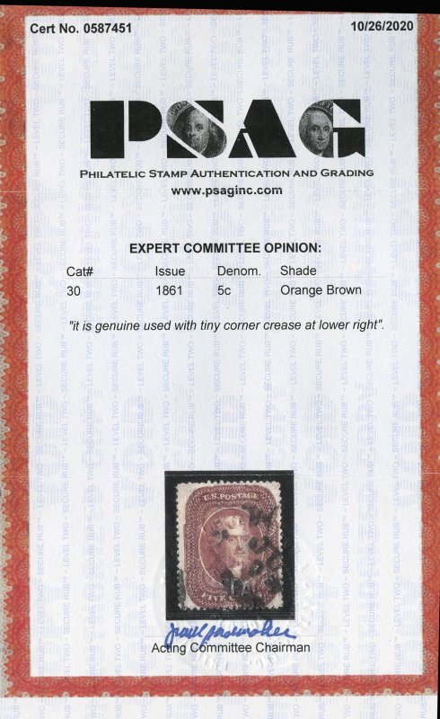 Scott #30   VF-used. Scarcer orange brown shade. With 2020 PSAG certificate.