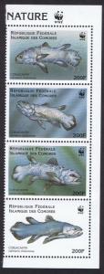 Comoro Is. WWF Coelacanth Right Strip of 4v with WWF Logo SC#833 a-d MI#1261-64
