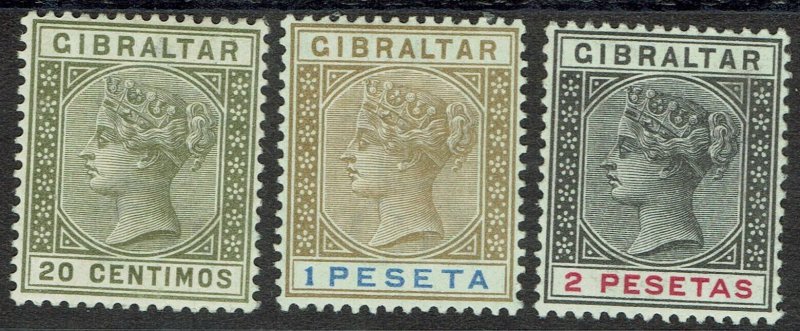 GIBRALTAR 1889 QV 20C,1 PESETA AND 2 PESETAS