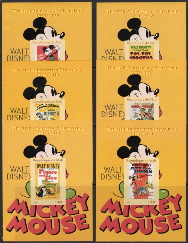 MALI 2010 FILM POSTERS DISNEY MICKEY MOUSE 6 Souvenir Sheets IMPERFORATED  MNH