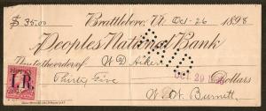 Postage Stamp on 1898 VT Check