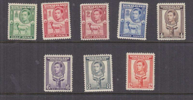 SOMALILAND PROTECTORATE, 1938 KGVI set of 8 to 12a., heavy hinged mint.