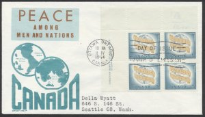 1964 #416 World Peace FDC Plate Block Cachet Craft/Ken Boll Cachet Ottawa