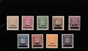 Norway  Scott#  136-144  MH  (1929 Overprinted)