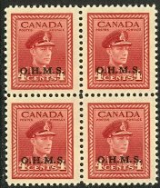 CANADA 1949-50 KGVI 4c OHMS Overprint OFFICIAL Block of 4 Sc O4 MNH