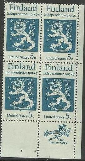 Scott #1334 MNH Finnish Independance Mr. Zip Block of 4