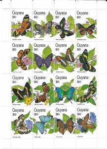 Guyana #2343 a-p  Butterflies sheet of 16  1990  MNH