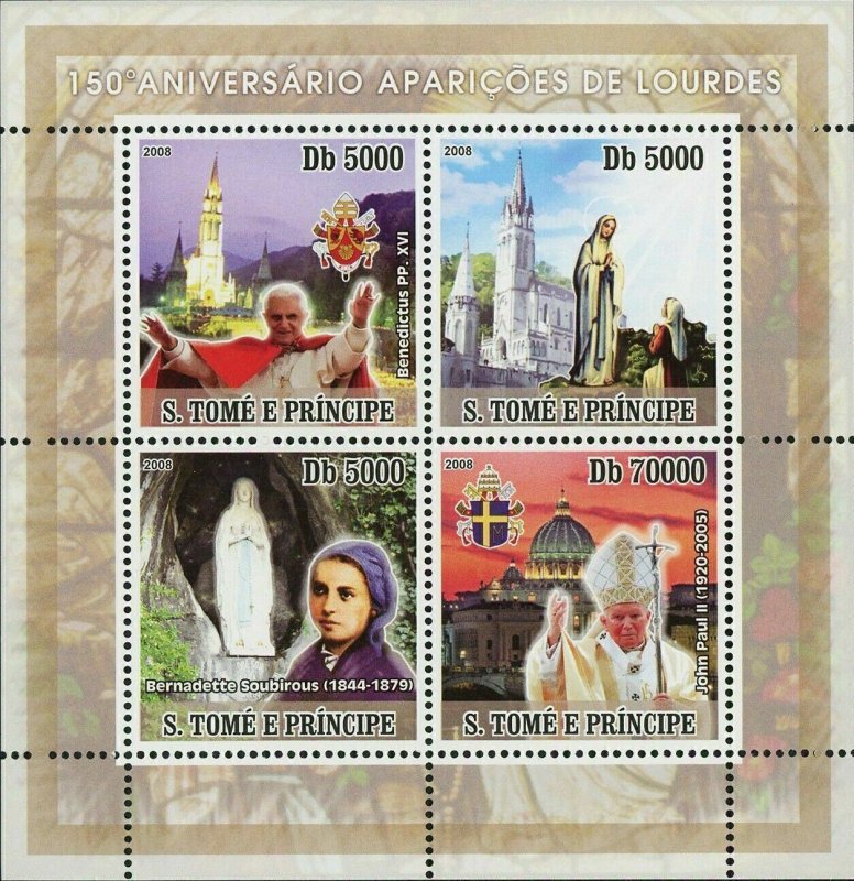 Virgin Lourdes Stamp Apparition Pope John Paul II Benedict XVI S/S MNH #3440-344