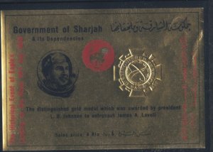 Sharjah # MIBlock107, James Lobell, Red Overp. Gold Foil Souvenir Sheet. Mint NH