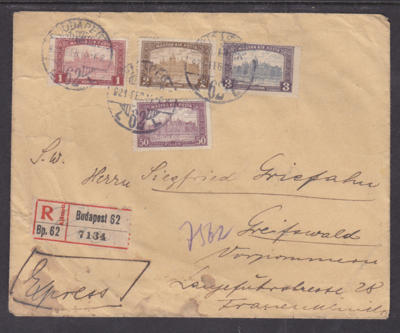 Hungary Sc 119/124 on 1921 REGISTERED Cover, 4 diff