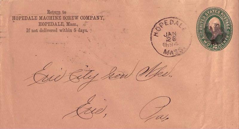 United States Massachusetts Hopedale 1894 cork killer  Postal Stationery Enve...