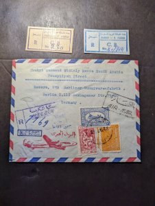 1958 Registered Saudi Arabia Airmail Cover to Germany and 2 Registered Labels