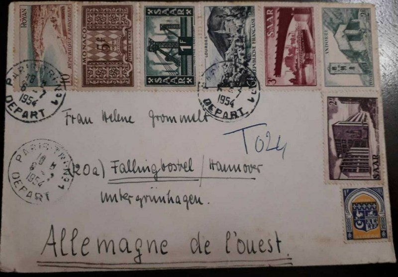 J) 1954 MONACO, FRANCE, ISLAND, MULTIPLE STAMPS, AIRMAIL, CIRCULATED COVER, XF