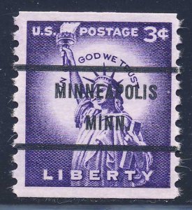 Minneapolis MN, 1057-71 Bureau Precancel, 3¢ coil Statue of Liberty