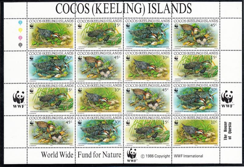 Cocos (Keeling) Islands 1992 MNH Scott #262 Sheet of 16 4 strips of 4 WWF Buf...