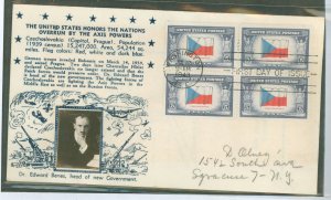 US 910 1943 5c Czechoslovakia (part of the overrun nations series) block of four on an addressded FDC with a Crosby cachet.