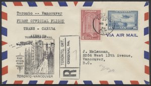 1939 Flight Cover Registered Toronto to Vancouver AAMC #3903t