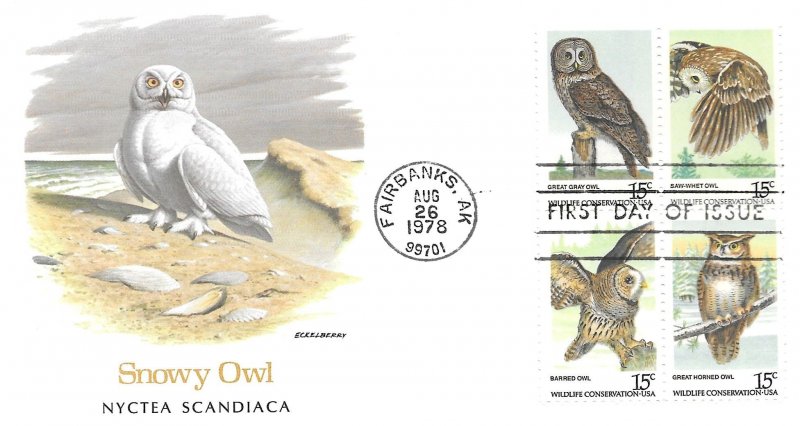 1978 FDC, #1760-1763, 1763a, 13c American Owls, Fleetwood (5)