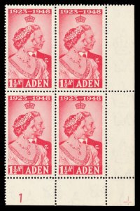 Aden 1949 KGVI Silver Wedding 1½a scarlet PLATE 1 BLOCK of four MNH. SG 30.