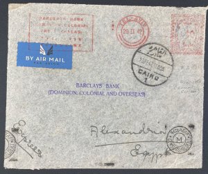 1942 Tel Aviv Palestine Meter Cancel Censored Airmail Cover To Alexandria Egypt