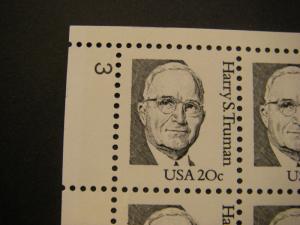 Scott 1862b, 20c Harry S. Truman, PB4 #3 Matched set of 4, MNH Great Americans