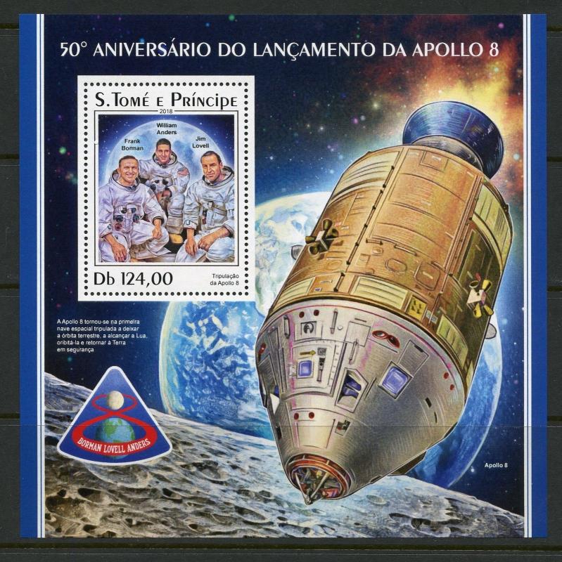 SAO TOME 2018  50th ANNIVERSARY OF THE LAUNCH OF APOLLO 8  S/SHEET MINT NH