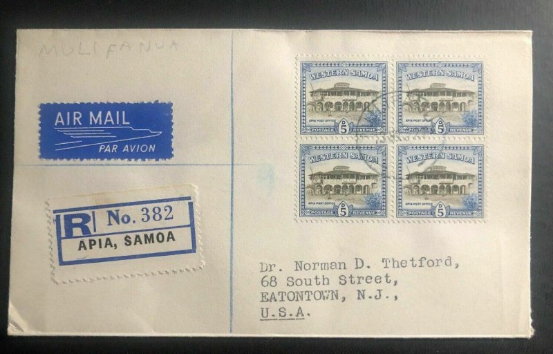 1950s Mulifanua Samoa Airmail Registered cover To Eatontown NJ Usa