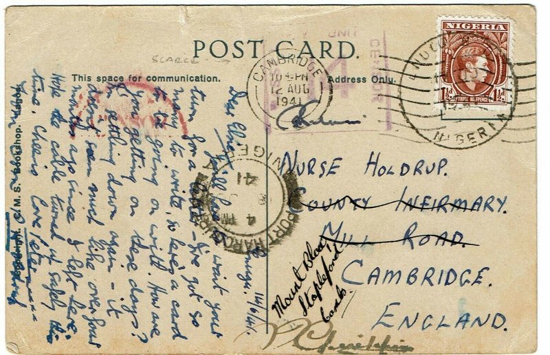 Nigeria 1941 Bo cancel on postcard (TENNIS) to England, censored