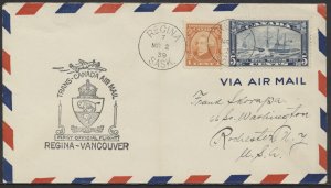 1939 Regina to Vancouver Flight Cover MAR 2 Nice Franking #3903ab