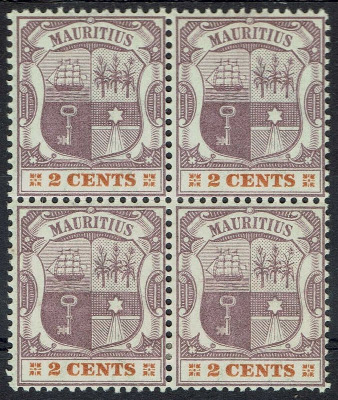 MAURITIUS 1895 ARMS 2C BLOCK WMK CROWN CA 