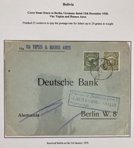 1928 Oruro Bolivia Commercial Cover To German Bank In Berlin Germany Via Tupiza