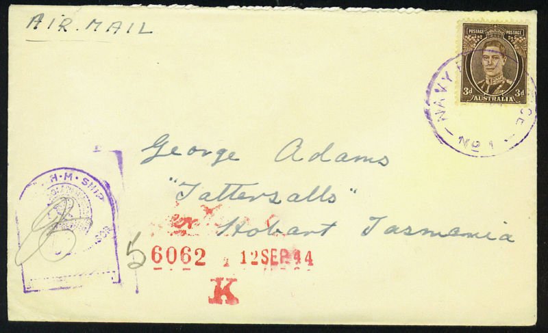 AUSTRALIA 1944 NAVY POST OFFICE NO.1 CENSORED H.M. SHIP