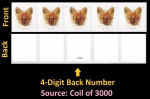 US 5743 Red Fox 40c coil strip 5 4d back # MNH 2023