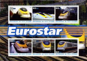 Ivory Coast 2003 TRAINS EUROSTAR Sheet (6) Perforated Mint (NH)