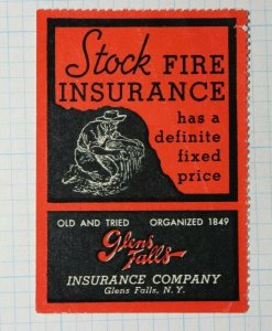 Stock Fire Insurance Glen Falls NY 1849 Insurance Co Poster Stamp Ad