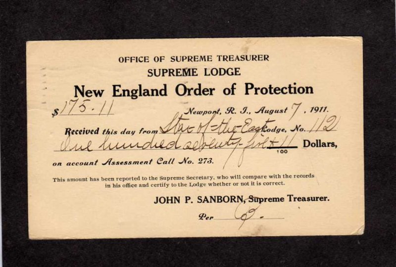 RI UX19 New England Order of Protection Lodge Newport Rhode island 1911