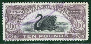 WESTERN AUSTRALIA KEVII Revenue STAMP DUTY £10 Swan 1904 High Value Used LBLUE14