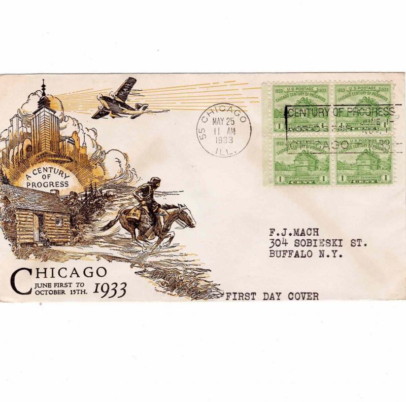 USA 1933 Sc 728 FDC Chicago Century of Progress Linprint Cachet First Day Cover