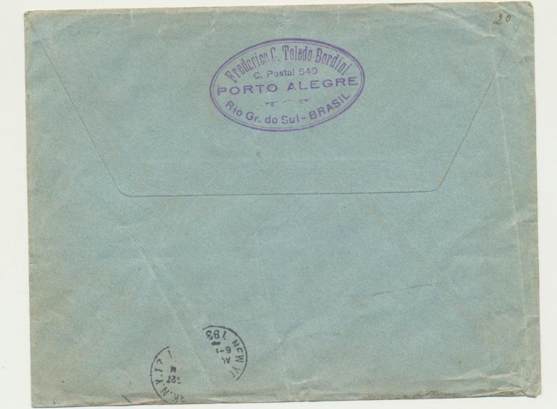 BRAZIL 1931 DOX COVER, PORTO ALEGRE TO NEW YORK, RARE GREEN CACHET(SEE BELOW)