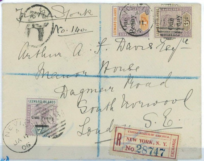 BK1816 - LEEWARD Islands - Postal History - SG# 17-19 on REGISTERED COVER 1906-
