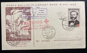 1953 Saarbrucken First day Balloon flight Postcard Cover FDC Philatelic Exhibith