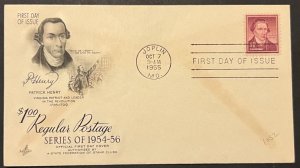 PATRICK HENRY #1052 OCT 7 1955 JOPLIN MO FIRST DAY COVER (FDC) BX6